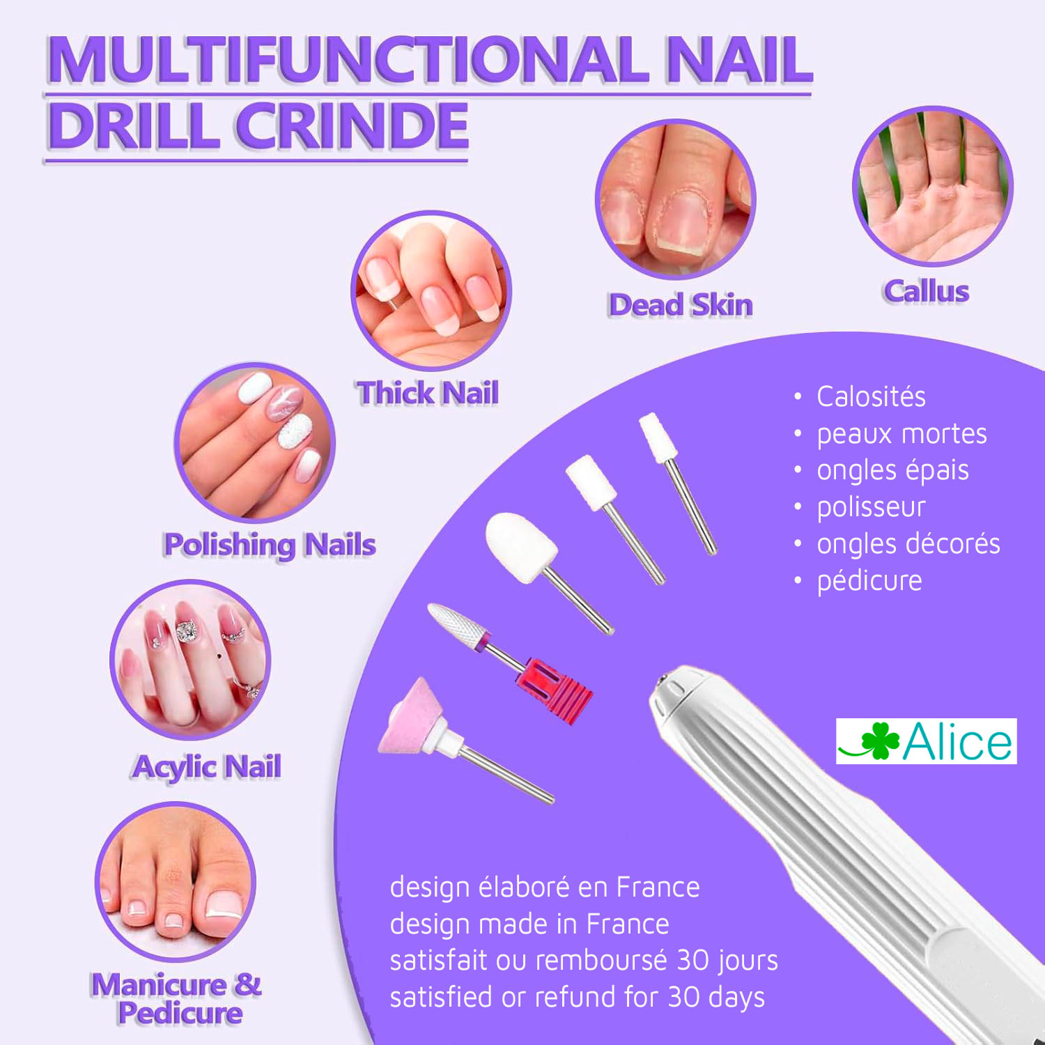 ALICE/ Ponceuse d'ongles, manucure, 5 vitesses 6 têtes, nettoyer tailler polir, lampe UV/ soyez sublime ! – Image 8