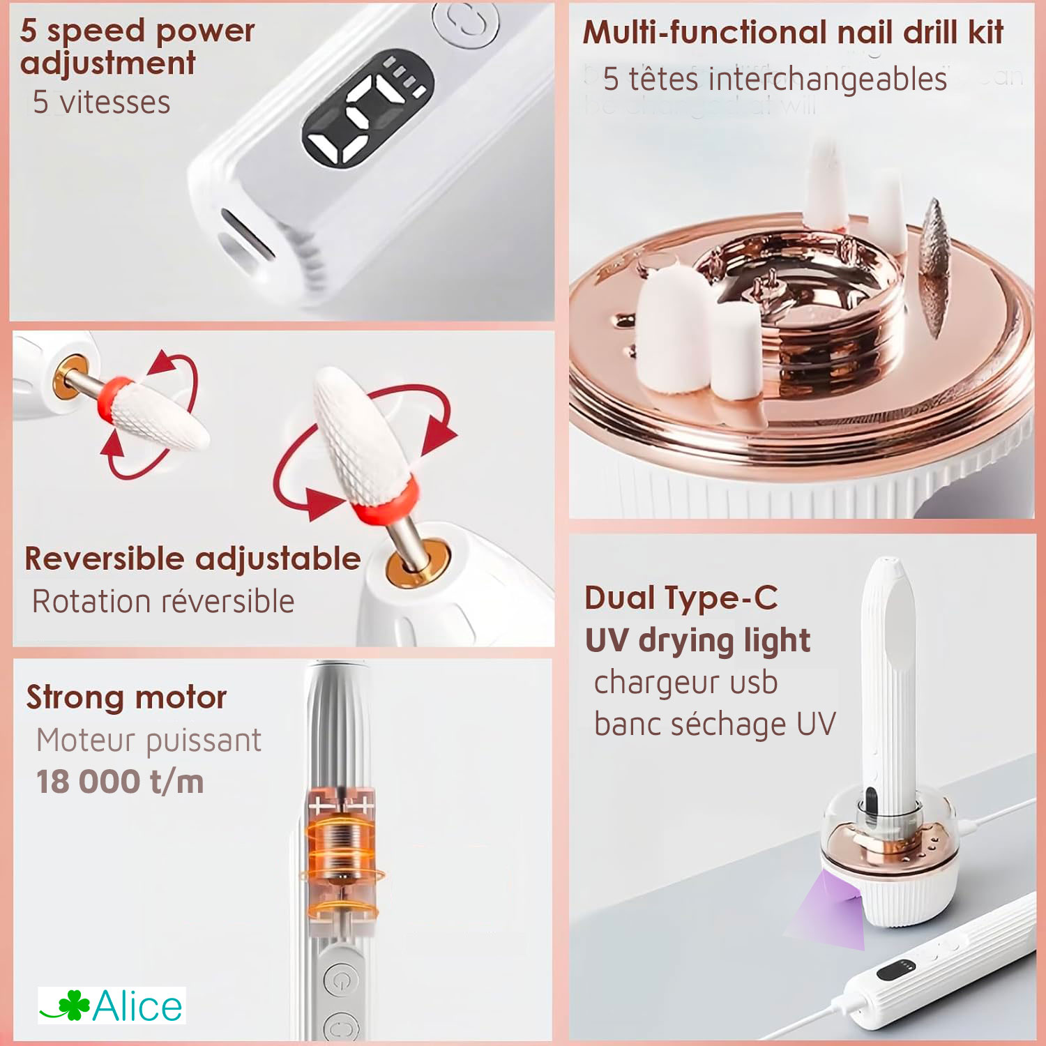 ALICE/ Ponceuse d'ongles, manucure, 5 vitesses 6 têtes, nettoyer tailler polir, lampe UV/ soyez sublime ! – Image 3