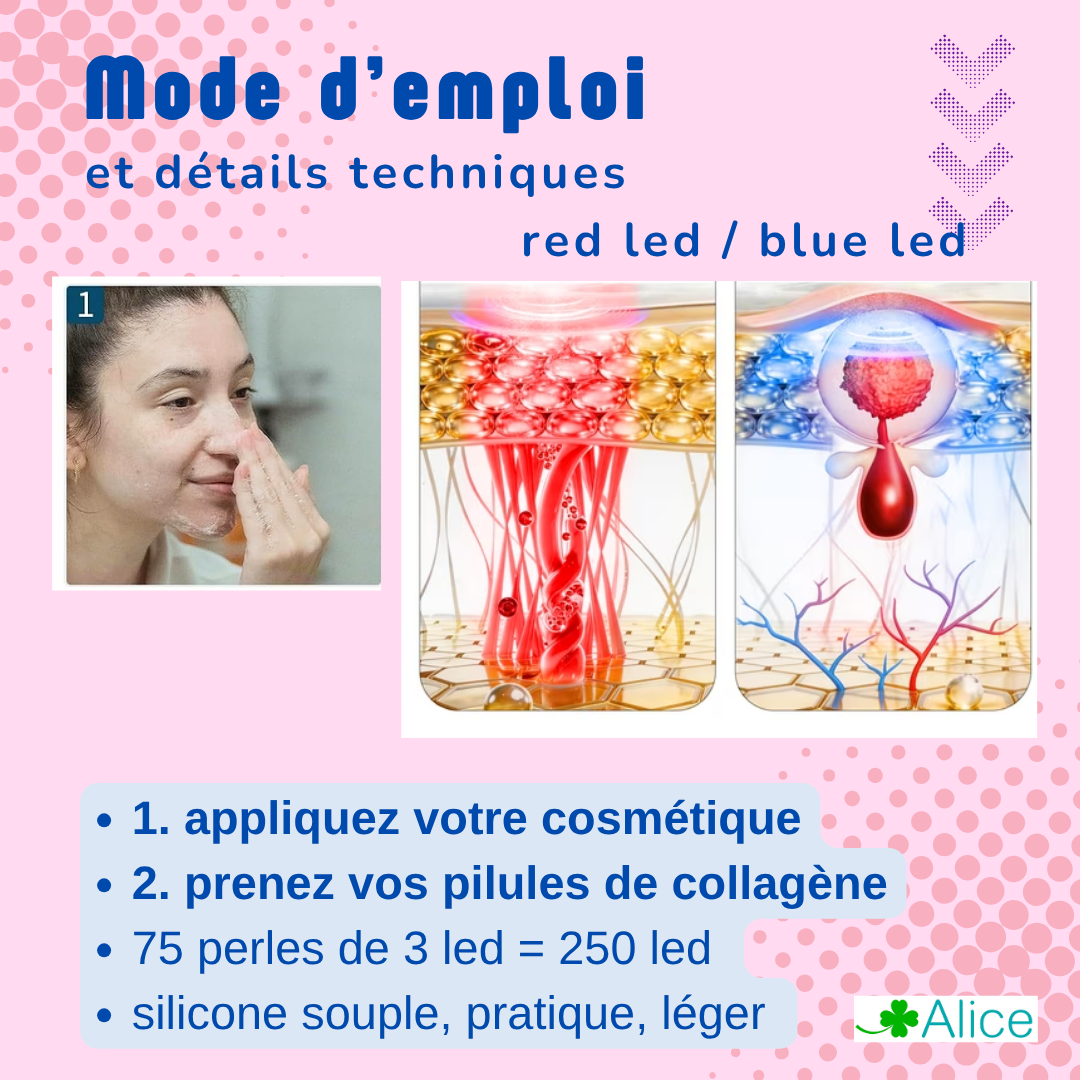 Masque LED Visage et Cou, Anti-Âge Anti-Rides, 4 Couleurs, 300 LED avec Infrarouge, Silicone Médical, pour Peaux a imperfection ou bien anti-age. Cure de 30 jours, repulpe, luminothérapie, – Image 6